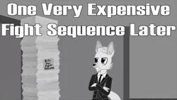 Size: 1280x720 | Tagged: safe, artist:drwolf001, derpibooru import, oc, oc:drwolf, bill, clothes, grayscale, green inferno part 2, image, monochrome, png, stack of papers, suit, text, tf2 analysis anarchy, time skip