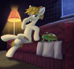 Size: 3197x2950 | Tagged: safe, artist:gantarts, derpibooru import, oc, oc:nazaretta, unofficial characters only, earth pony, pony, turtle, boop, couch, crossed legs, dust motes, female, glasses, high res, image, lamp, mare, png, ponytail, raised hoof, self-boop, shading, sitting, smiling, window