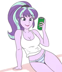 Size: 1280x1504 | Tagged: suggestive, artist:sumin6301, derpibooru import, starlight glimmer, equestria girls, arms, background, blue eyes, breasts, cleavage, closed legs, clothes, drink, ears, energy drink, eye, eyebrows, eyebrows visible through hair, eyelashes, eyeliner, eyes, face, fingers, hair, hand, happy, high res, holding, image, jpeg, leaning, legs, lipstick, looking at you, makeup, no pants, nose, panties, ponytail, red lipstick, sexy, shoulders, simple background, solo, striped panties, striped underwear, stupid sexy starlight glimmer, tanktop, thighs, underwear, white background