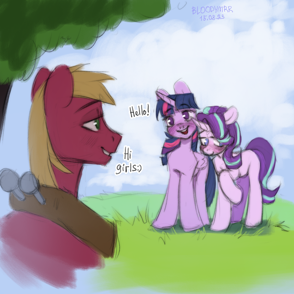 Size: 3000x3000 | Tagged: safe, artist:bloodymrr, derpibooru import, big macintosh, starlight glimmer, twilight sparkle, twilight sparkle (alicorn), alicorn, earth pony, unicorn, big macintosh gets all the mares, bisexual, blushing, dialogue, female, grass, greeting, image, male, outdoors, png, shipping, smiling, straight, text, tree