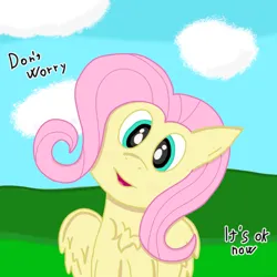 Size: 1356x1356 | Tagged: safe, artist:auro, derpibooru import, fluttershy, pegasus, pony, chest fluff, cute, image, looking at you, png, sitting, smiling, smiling at you, solo, talking, text, wholesome, wings