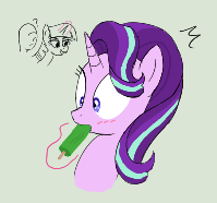 Size: 199x186 | Tagged: suggestive, artist:truthormare, ponerpics import, starlight glimmer, twilight sparkle, oc, oc:anon, human, pony, unicorn, blushing, bust, eating, female, food, image, magic, magic abuse, male, mare, png, popsicle, show accurate, solo, solo focus, suggestive eating, surprised