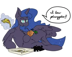 Size: 3508x2744 | Tagged: safe, artist:ponny, derpibooru import, princess luna, alicorn, cursive writing, food, image, lying down, magic, pineapple, pineapple pizza, pizza, pizza box, png, side, simple background, solo, speech bubble, telekinesis, text, white background