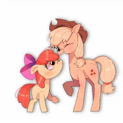 Size: 1280x1280 | Tagged: safe, artist:destroyer_aky, derpibooru import, apple bloom, applejack, earth pony, pony, apple sisters, female, filly, foal, image, jpeg, mare, one eye closed, siblings, simple background, sisters, white background, wink