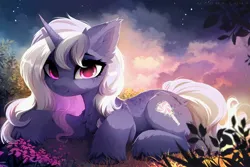 Size: 4020x2680 | Tagged: safe, artist:magnaluna, derpibooru import, oc, unofficial characters only, pony, unicorn, chest fluff, ear fluff, eyebrows, female, grass, high res, horn, image, jpeg, looking at you, lying down, mare, prone, smiling, smiling at you, solo, unicorn oc, unshorn fetlocks