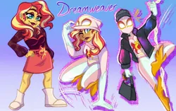 Size: 2048x1284 | Tagged: safe, artist:carouselunique, derpibooru import, sunset shimmer, human, equestria girls, bag, beanie, boots, clothes, costume, crossover, female, hat, image, jacket, jpeg, marvel, mask, paint, paintbrush, shoes, skirt, spider-man, spider-sona, superhero