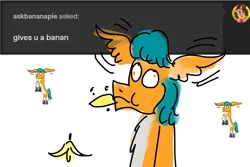 Size: 4200x2800 | Tagged: safe, artist:horsesplease, derpibooru import, hitch trailblazer, series:ask failblazer, g5, ask, banana, eating, food, hitchfestation, image, multeity, png, sad hitch, wing ears, wings