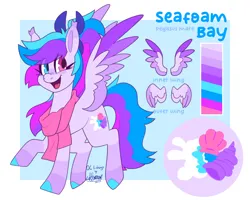 Size: 2500x2000 | Tagged: safe, artist:lionbun, derpibooru import, oc, oc:seafoam bay, pegasus, pony, blue background, bow, character design, clothes, coat markings, colored hooves, colored wings, colored wingtips, cute, cyan eyes, ear tufts, female, flying, hair bow, heterochromia, image, light blue background, looking at you, mare, multicolored wings, open mouth, pegasus oc, pink eyes, png, ponytail, reference sheet, scarf, simple background, smiling, smiling at you, socks (coat marking), spread wings, tongue out, wings