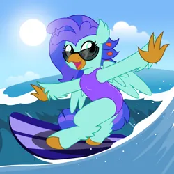 Size: 5000x5000 | Tagged: safe, artist:jhayarr23, derpibooru import, oc, oc:sea lilly, unofficial characters only, classical hippogriff, hippogriff, clothes, cloud, commission, image, ocean, png, sun, sunglasses, surfboard, surfing, swimsuit, water, wave, ych result