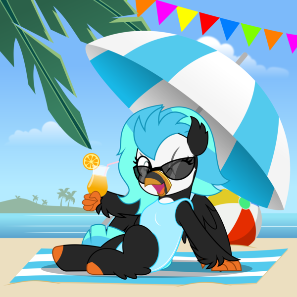 Size: 5000x5000 | Tagged: safe, artist:jhayarr23, derpibooru import, oc, oc:icebeak, unofficial characters only, classical hippogriff, hippogriff, beach, beach ball, clothes, drink, holding, image, leaf, looking at you, ocean, one eye closed, png, sunglasses, swimsuit, towel, umbrella, water, wink, winking at you