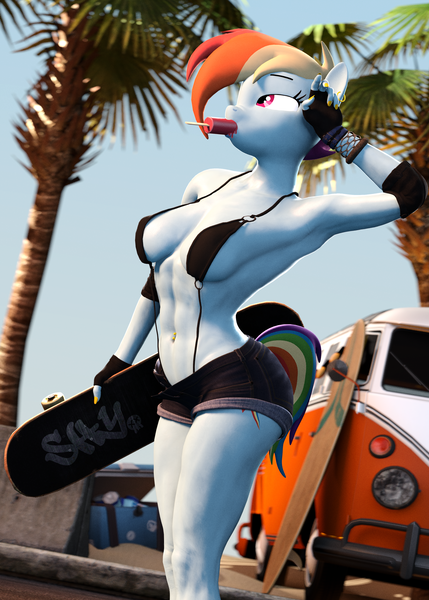 Size: 2743x3840 | Tagged: suggestive, artist:comradeshy, derpibooru import, rainbow dash, anthro, pegasus, 3d, abs, beach, belly button, belly piercing, bikini, breasts, clothes, ear piercing, female, food, image, nail polish, piercing, png, popsicle, shorts, skateboard, sling bikini, solo, solo female, source filmmaker, summer, swimsuit