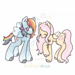 Size: 2048x2048 | Tagged: safe, artist:kittie, derpibooru import, fluttershy, rainbow dash, pegasus, pony, ^^, blushing, cute, daaaaaaaaaaaw, duo, duo female, eyes closed, female, flutterdash, image, jpeg, lesbian, long hair, long tail, looking at someone, raised hoof, shipping, short hair, short mane, short tail, simple background, slouching, spread wings, standing, tail, unshorn fetlocks, white background, wings