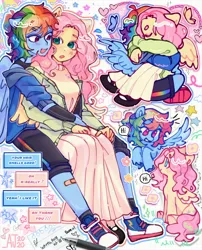 Size: 2238x2764 | Tagged: safe, artist:aj2020ahgd, derpibooru import, fluttershy, rainbow dash, anthro, pegasus, plantigrade anthro, pony, clothes, cuddling, dialogue, dress, duo, duo female, eye clipping through hair, eyebrows, eyebrows visible through hair, eyes closed, eyes open, female, floating, flutterdash, flying, holding hands, hug, hug from behind, image, jacket, jpeg, lesbian, letter, looking at each other, looking at someone, patch, pencil, shipping, shoes, shorts, signature, sitting, smiling, smiling at each other, sneakers, snuggling, spread wings, wings