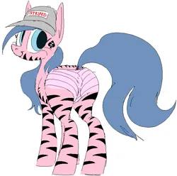 Size: 709x703 | Tagged: suggestive, anonymous artist, artist:anonymous, edit, oc, ponified, pony, admin, anus, black tail, blue mane, butt, clothes, crossgender, doll (soyjak), female, happy, hat, image, light blue eyes, mare, nudity, panties, pink coat, plot, png, rear view, simple background, soyjak, soyjak.party, spade, striped, stripes, underwear, white background