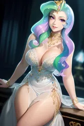 Size: 1024x1536 | Tagged: safe, derpibooru import, editor:sammykun, machine learning generated, princess celestia, human, ai content, big breasts, blurry background, bracelet, breasts, busty princess celestia, cleavage, clothes, crown, diamond, dress, female, gem, gold, humanized, image, jewelry, long hair, looking at you, necklace, png, prompter:sammykun, regalia, sitting, sleeveless, solo, thighs