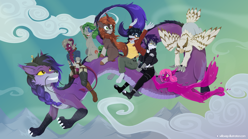 Size: 1920x1080 | Tagged: safe, artist:willoillo, derpibooru import, oc, anthro, dragon, kirin, pony, tiefling, barely pony related, collaboration, dungeons and dragons, flying, furry, image, pen and paper rpg, png, quadrupedal, rpg