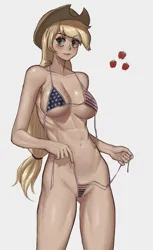 Size: 2513x4117 | Tagged: suggestive, artist:shrimpring, derpibooru import, applejack, human, american flag bikini, amerijack, bikini, bikini bottom, bikini top, blushing, breasts, busty applejack, cleavage, clothes, female, hat, humanized, image, png, simple background, solo, solo female, swimsuit, white background