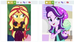 Size: 594x337 | Tagged: safe, derpibooru import, starlight glimmer, sunset shimmer, derpibooru, twibooru, equestria girls, equestria girls series, mirror magic, sunset's backstage pass!, spoiler:eqg series (season 2), spoiler:eqg specials, angry, cute, food, glimmerbetes, ice cream, image, jealous, juxtaposition, juxtaposition win, madorable, meme, meta, png, shimmerbetes, sunset shimmer is not amused, unamused