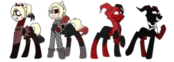 Size: 2500x900 | Tagged: safe, artist:fuckomcfuck, derpibooru import, oc, oc:crimson bat, oc:hysteria, oc:lady deathstroke, oc:spider-jester, ponified, earth pony, pony, armor, batman, belt, boots, clothes, commission, dc comics, deathstroke, eyepatch, female, gloves, grin, harley quinn, image, knee pads, mare, marvel, mask, pants, png, ponified oc, raised hoof, shoes, simple background, skirt, smiling, spider-man, superhero, superhero costume, symbiote, transparent background