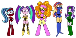 Size: 1600x800 | Tagged: safe, artist:fuckomcfuck, derpibooru import, adagio dazzle, aria blaze, sonata dusk, starlight glimmer, sunset shimmer, equestria girls, belt, boots, clothes, commission, cosplay, costume, crossover, evening gloves, female, gloves, headband, image, jade (mortal kombat), kitana, long gloves, looking at each other, looking at someone, mask, mileena, mortal kombat, png, shoes, simple background, size difference, skarlet, spandex, tanya, the dazzlings, transparent background