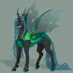 Size: 3000x3000 | Tagged: safe, artist:redfoxii, derpibooru import, queen chrysalis, changeling, changeling queen, angry, female, gray background, image, png, scowl, shadow, sharp teeth, signature, simple background, solo, spread wings, teeth, wings