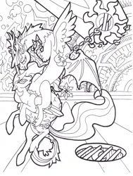 Size: 2550x3366 | Tagged: safe, artist:foldawaywings, derpibooru import, princess celestia, twilight sparkle, alicorn, draconequus, pony, abstract background, black and white, draconequified, duo, female, grayscale, image, ink drawing, jpeg, lineart, mare, monochrome, simple background, species swap, star of chaos, traditional art, twikonequus, white background