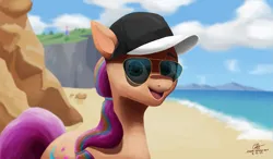 Size: 1171x683 | Tagged: safe, artist:calebpedigo, derpibooru import, sunny starscout, earth pony, pony, g5, baseball cap, beach, cap, cliff, cloud, female, hat, image, mare, maretime bay, ocean, open mouth, open smile, png, signature, sky, smiling, solo, sunglasses, water