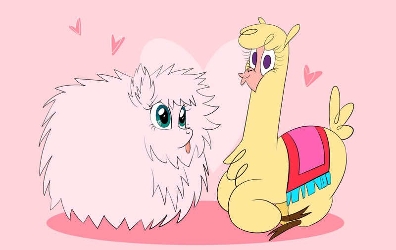 Size: 3800x2400 | Tagged: safe, artist:nonameorous, derpibooru import, oc, oc:fluffle puff, them's fightin' herds, cloven hooves, community related, crossover, duo, heart, image, paprika (tfh), pink background, png, simple background, sitting, tongue out