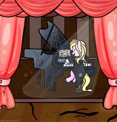 Size: 1962x2048 | Tagged: safe, artist:redpalette, derpibooru import, oc, oc:chuckles, unofficial characters only, earth pony, pony, album cover, blonde, clothes, coat, concert, curtains, earth pony oc, female, image, jpeg, mare, music, musical instrument, piano, shoes, stage