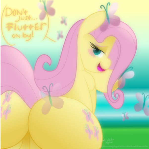 Size: 5730x5709 | Tagged: questionable, alternate version, artist:celine-artnsfw, artist:lincolnbrewsterfan, derpibooru import, edit, editor:nc-tv, part of a set, fluttershy, butterfly, insect, pegasus, pony, .svg available, :3, :d, absurd resolution, alternate design, bashful, bedroom eyes, blurry background, blush lines, blushing, bottom heavy, butt, colored, colored eyebrows, colored lineart, crown, cute smile, derpibooru exclusive, dialogue, eyebrows, female, folded wings, glow, gradient background, grass, grass field, grin, highlights, holding, hoof heart, huge butt, illusion, image, inkscape, invitation, jewelry, large butt, lidded eyes, long mane, long tail, looking at you, looking back, mane, mare, name pun, nc-tv signature, open mouth, open smile, perch, perching, pink mane, pink tail, plot, plump, png, pudgy, pun, pussy peek, raised hoof, raised tail, rear view, regalia, remastered, request, requested art, shading, signature, simple background, sketch, smiling, solo, solo female, special face, spread legs, spreading, sunlight, tail, talking to viewer, text, text edit, the ass was fat, underhoof, vector, visual pun, wall of tags, water, watershy, website, wings