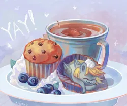 Size: 1639x1371 | Tagged: safe, artist:krista-21, derpibooru import, derpy hooves, pegasus, pony, blueberry, cute, derpabetes, drink, eyes closed, female, food, heart, image, jpeg, mare, muffin, mug, plate, ponies in food, smiling, solo, sparkles, tea, teabag, tiny, tiny ponies, yay