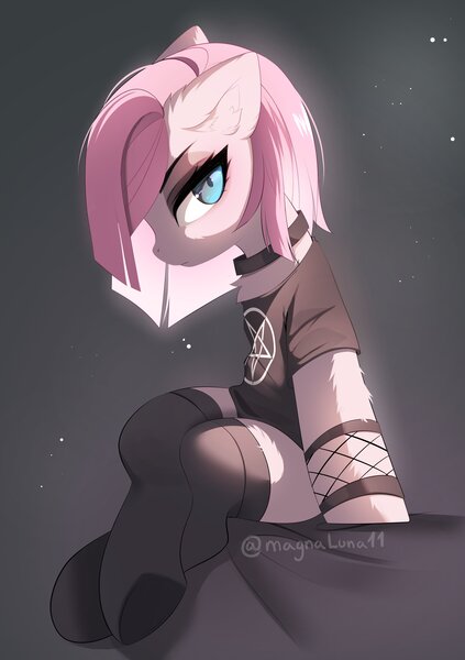 Size: 2842x4035 | Tagged: safe, artist:magnaluna, derpibooru import, pinkie pie, earth pony, pony, clothes, image, jpeg, pentagram, pinkamena diane pie, socks, stockings, thigh highs