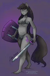 Size: 700x1060 | Tagged: safe, artist:kaemantis, ponerpics import, ponybooru import, octavia melody, anthro, earth pony, plantigrade anthro, armor, barefoot, battle bikini, belly button, breasts, commission, feet, frown, image, jpeg, shield, solo, sword, unconvincing armor, weapon