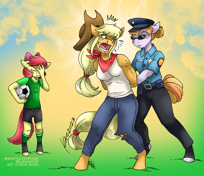 Size: 1159x1000 | Tagged: safe, artist:kaemantis, ponerpics import, ponybooru import, apple bloom, applejack, copper top, anthro, earth pony, pony, unguligrade anthro, arrest, arrested, blood, clothes, facepalm, female, filly, foal, football, freckles, image, jpeg, mare, nosebleed, police, police officer, police pony, shoulder freckles, sports, sports outfit, sunglasses, trio