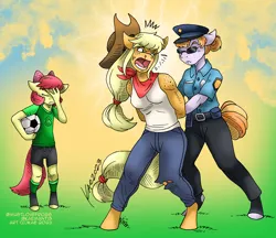 Size: 1159x1000 | Tagged: safe, artist:kaemantis, ponerpics import, ponybooru import, apple bloom, applejack, copper top, anthro, earth pony, pony, unguligrade anthro, arrest, blood, clothes, facepalm, female, filly, foal, football, freckles, image, jpeg, mare, nosebleed, police, police officer, shoulder freckles, sports, sports outfit, sunglasses, trio