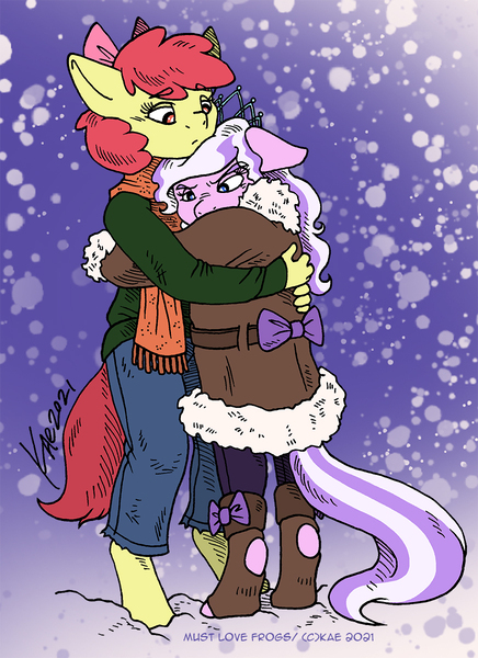 Size: 872x1200 | Tagged: safe, artist:kaemantis, ponerpics import, ponybooru import, apple bloom, diamond tiara, anthro, earth pony, unguligrade anthro, clothes, coat, commission, diamondbloom, ears, female, floppy ears, height difference, hug, image, jpeg, lesbian, shipping, snow, snowfall