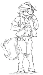 Size: 688x1200 | Tagged: suggestive, artist:kaemantis, ponerpics import, ponybooru import, braeburn, anthro, earth pony, unguligrade anthro, black and white, briefs, chest fluff, clothes, commission, crotch bulge, ears, embarrassed, floppy ears, grayscale, image, jpeg, male, monochrome, pubic fluff, simple background, smiling, solo, solo male, underwear, vest, white background