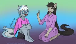 Size: 1600x936 | Tagged: safe, artist:kaemantis, ponerpics import, ponybooru import, octavia melody, silver spoon, anthro, earth pony, unguligrade anthro, clothes, duo, eyes closed, female, gradient background, headcanon, image, jpeg, kneeling, older, older silver spoon, pajamas, siblings, sisters, smiling