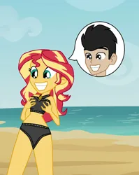 Size: 797x1003 | Tagged: suggestive, artist:thewalrusclown, derpibooru import, sunset shimmer, oc, human, equestria girls, beach, clothes, grope, image, jpeg, male to female, ocean, possession, rule 63, self grope, smiling, swimsuit, water
