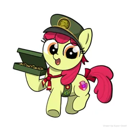 Size: 2048x2048 | Tagged: safe, artist:super-dead, derpibooru import, apple bloom, earth pony, pony, cookie, female, filly, filly guides, foal, food, hat, image, looking at you, open mouth, png, scout uniform, simple background, solo, white background