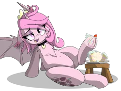 Size: 4000x3000 | Tagged: suggestive, artist:flaremoon, derpibooru import, oc, oc:hiona snowsparkle, unofficial characters only, alicorn, bat pony, pony, bed, bedroom, cake, collar, crown, derp, dirty hooves, female, fetish, folded wings, food, frog (hoof), hoof fetish, hoofprint, hooves, image, jewelry, long mane, looking at you, makeup, mare, png, raised hoof, regalia, spread wings, stepping on something, tail, tongue out, underhoof, wings