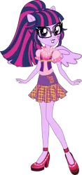Size: 1024x2189 | Tagged: safe, artist:sugar-loop, derpibooru import, edit, vector edit, sci-twi, twilight sparkle, alicorn, human, equestria girls, friendship games, alicornified, clothes, glasses, high heels, image, looking at you, png, ponied up, ponytail, race swap, school spirit, school uniform, scitwilicorn, shoes, simple background, smiling, transparent background, vector