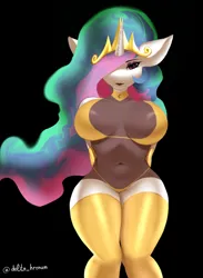 Size: 1164x1587 | Tagged: suggestive, artist:delta hronum, derpibooru import, princess celestia, alicorn, anthro, big breasts, black background, breasts, busty princess celestia, clothes, colored hooves, crown, gloves, gold hooves, hips, hooves, horn, image, jewelry, looking at you, png, regalia, simple background, socks, solo, stockings, thick, thigh highs