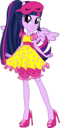 Size: 1024x2185 | Tagged: safe, artist:sugar-loop, derpibooru import, edit, vector edit, twilight sparkle, twilight sparkle (alicorn), alicorn, human, equestria girls, rainbow rocks, clothes, high heels, image, looking at you, nightgown, pajamas, png, ponied up, ponytail, shoes, simple background, sleep mask, smiling, transparent background, vector