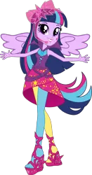 Size: 3989x7624 | Tagged: safe, artist:sugar-loop, derpibooru import, edit, vector edit, twilight sparkle, twilight sparkle (alicorn), alicorn, human, equestria girls, rainbow rocks, arms wide open, clothes, dress, headset, image, leggings, looking at you, png, ponied up, shoes, simple background, smiling, transparent background, vector