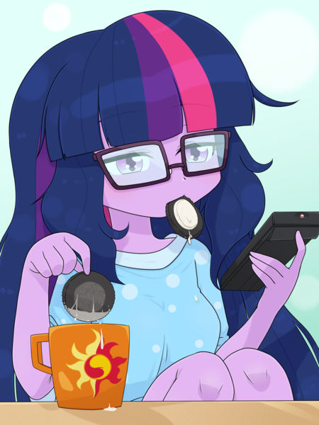 Size: 1668x2224 | Tagged: safe, artist:batipin, derpibooru import, sci-twi, twilight sparkle, equestria girls, cookie, food, image, mouth hold, oreo, phone, png