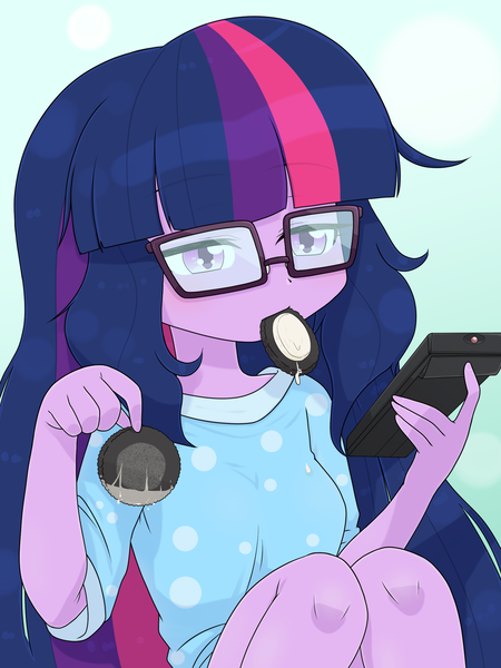 Size: 1668x2224 | Tagged: safe, alternate version, artist:batipin, derpibooru import, sci-twi, twilight sparkle, equestria girls, cookie, food, image, mouth hold, oreo, png