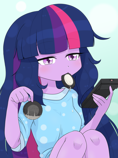 Size: 1668x2224 | Tagged: safe, alternate version, artist:batipin, derpibooru import, sci-twi, twilight sparkle, equestria girls, cookie, food, image, missing accessory, mouth hold, no glasses, oreo, png