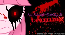 Size: 2433x1324 | Tagged: semi-grimdark, artist:siti shafiyyah, ponerpics import, ponybooru import, oc, oc:annisa trihapsari, unofficial characters only, earth pony, pony, angry, bad end, black background, blood, creepypasta, image, png, red eyes, revenge, signature, simple background, solo, text, watermark