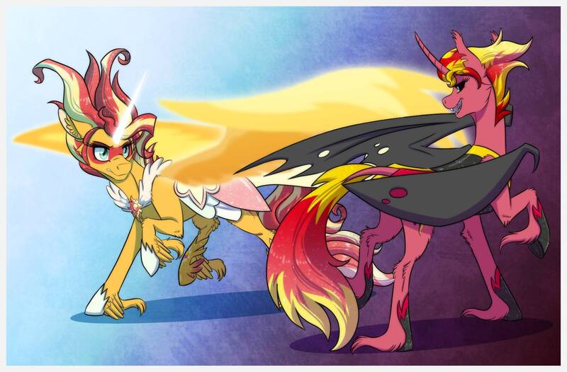 Size: 1800x1181 | Tagged: safe, artist:inuhoshi-to-darkpen, derpibooru import, sunset shimmer, alicorn, demon, demon pony, original species, pony, equestria girls, artificial wings, augmented, commission, daydream shimmer, duality, duel, female, image, jpeg, magic, magic wings, mare, sunset satan, wings